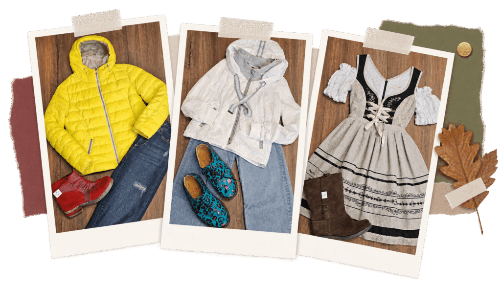 Herbstliche Mode-Collage mit drei Outfits aus Jacken, Jeans, Schuhen und Dirndl, dekoriert mit Herbstblättern.